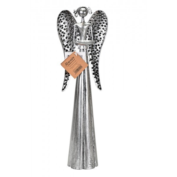 Plechový anděl s kalíškem na svíčku, stříbrný 41 cm, balení 2 ks