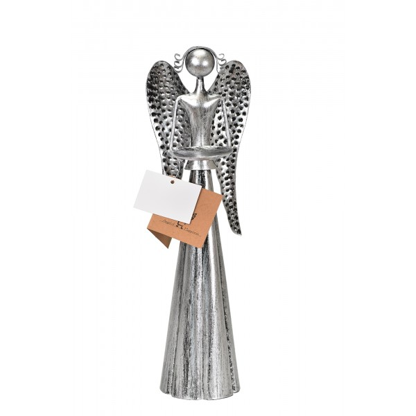 Plechový anděl s kalíškem na svíčku, stříbrný 31 cm