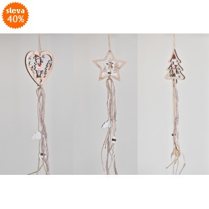 Dřevěná závěsná dekorace balení 3 ks -srdce, hvězda, stromeček, 52 cm 