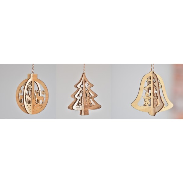 Vánoční ozdoba dřevěná balení 3 ks - baňka, stromeček, zvoneček