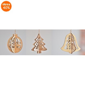 Vánoční ozdoba dřevěná balení 3 ks - baňka, stromeček, zvoneček