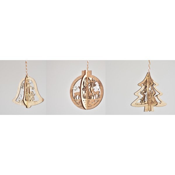 Vánoční ozdoba dřevěná balení 3 ks - baňka, stromeček, zvoneček, hvězdička, srdíčko