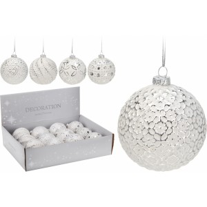 Skleněné baňky White-Silver 8 cm, sada 12 ks
