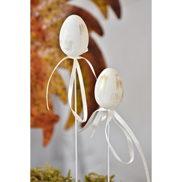 Plastová vajíčka na špejli, bílo zlaté s/12, 4 cm