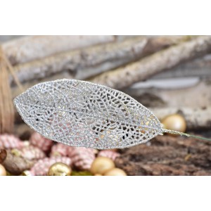 Umělý list s glitry 14x6 cm, stříbrný, s/36 ks