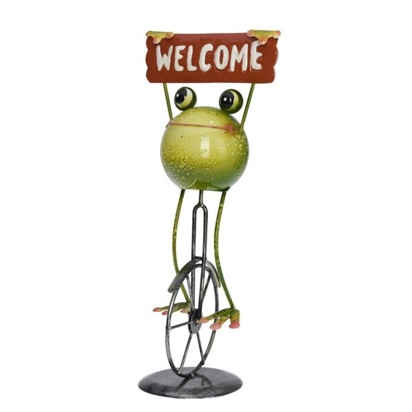 Kovová žába na kole s cedulkou WELCOME 33,5 cm