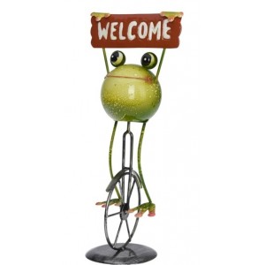 Kovová žába na kole s cedulkou WELCOME 33,5 cm