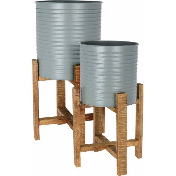 Olivově zelený kovový květináč na stojanu, sada 2 ks