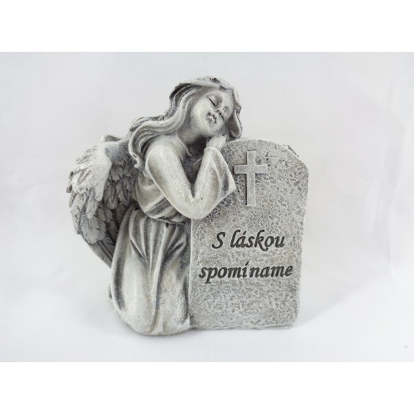 Smuteční dekorace - anděl s náhrobkem, 9,5x9x6 cm, text S láskou spomíname