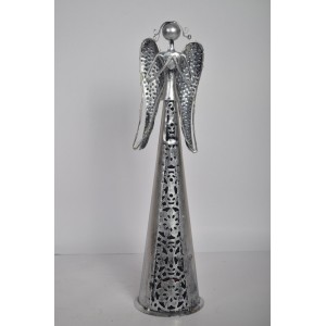 Plechový anděl Nova stříbrný s patinou 50 cm, na čajovou svíčku