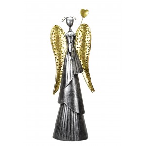 Plechový anděl Wave stříbrný-champagne se srdíčkem, 65,5cm, LED křídla