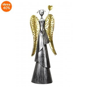 Plechový anděl Wave stříbrný-champagne se srdíčkem, balení 2 ks, 65,5cm, LED křídla