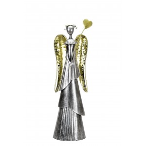 Plechový anděl Wave stříbrný-champagne se srdíčkem, 53 cm, LED křídla