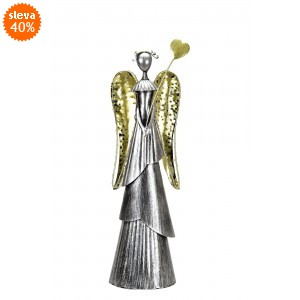 Plechový anděl Wave stříbrný-champagne se srdíčkem, balení 2 ks, 53 cm, LED křídla
