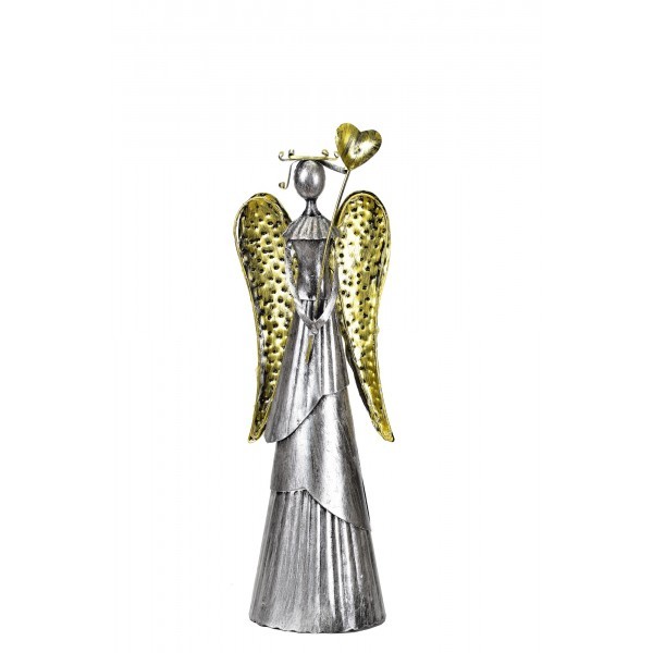 Plechový anděl Wave stříbrný-champagne se srdíčkem, 39cm, LED křídla