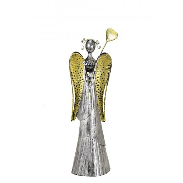 Plechový anděl Wave stříbrný-champagne se srdíčkem, 31cm, LED křídla