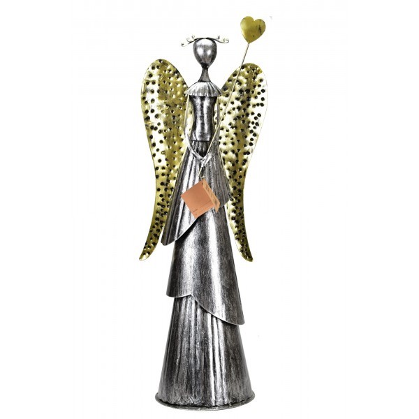 Plechový anděl Wave stříbrný-champagne se srdíčkem, balení 2 ks, 65,5 cm
