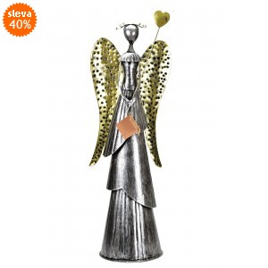 Plechový anděl Wave stříbrný-champagne se srdíčkem, balení 2 ks, 65,5 cm