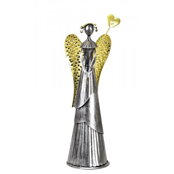 Plechový anděl Wave stříbrný-champagne se srdíčkem, balení 2 ks, 53 cm