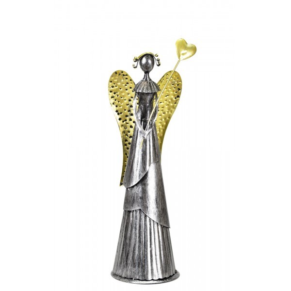 Plechový anděl Wave stříbrný-champagne se srdíčkem, 39 cm