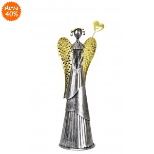 Plechový anděl Wave stříbrný-champagne se srdíčkem, balení 2 ks, 39 cm