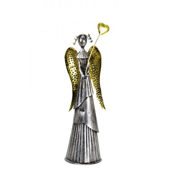Plechový anděl Wave stříbrný-champagne se srdíčkem, 31 cm