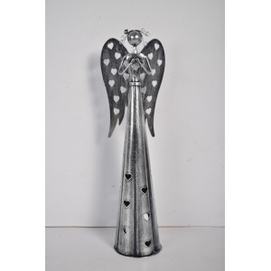 Plechový srdíčkový anděl na čajovou svíčku, 53 cm, stříbrný