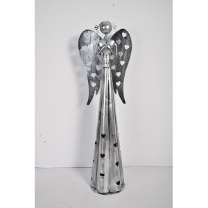 Plechový srdíčkový anděl na čajovou svíčku, 67 cm, stříbrný