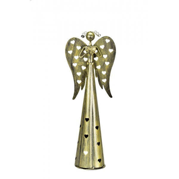 Plechový srdíčkový anděl na čajovou svíčku, balení 2 ks, 38 cm, champagne