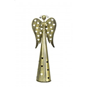 Plechový srdíčkový anděl na čajovou svíčku, 38 cm, champagne
