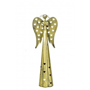 Plechový srdíčkový anděl na čajovou svíčku, 53 cm, champagne
