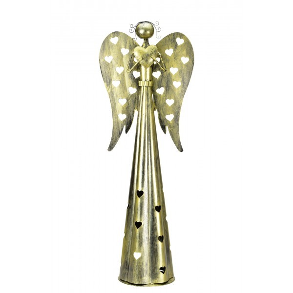 Plechový srdíčkový anděl na čajovou svíčku, balení 2 ks, 67 cm, champagne