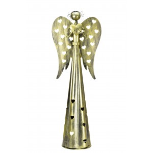 Plechový srdíčkový anděl na čajovou svíčku, 67 cm, champagne