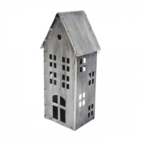 Kovový domeček na čajovou svíčku, stříbrný, 20x8,5x6 cm