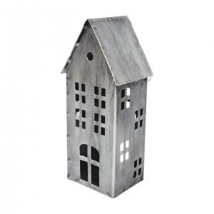 Kovový domeček na čajovou svíčku, stříbrný, 20x8,5x6 cm