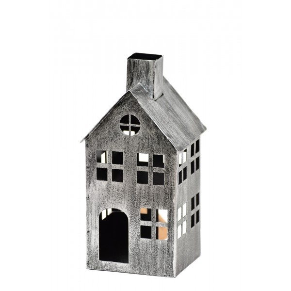 Kovový domeček na čajovou svíčku, stříbrný, 20,5x10x8 cm