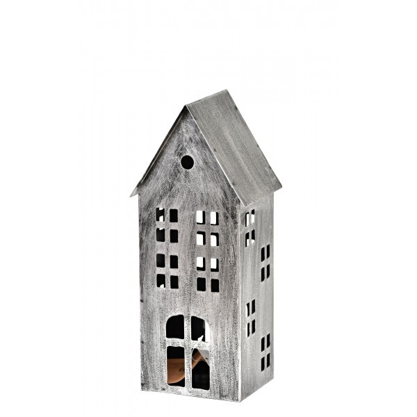 Kovový domeček na čajovou svíčku, stříbrný, 30x13x10,5 cm