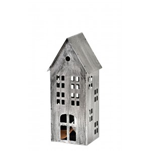 Kovový domeček na čajovou svíčku, stříbrný, 30x13x10,5 cm