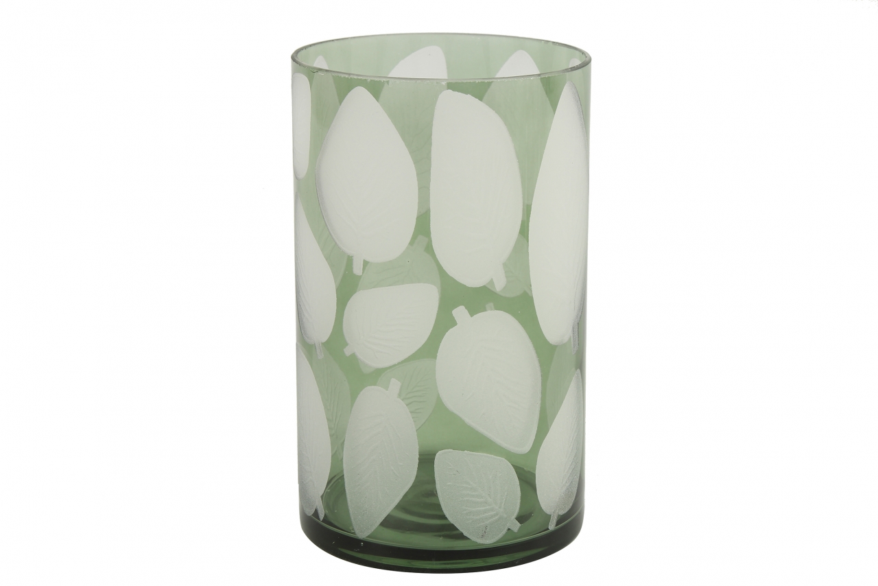 Skleněný svícen Zora, zelený s listem 20x12 cm
