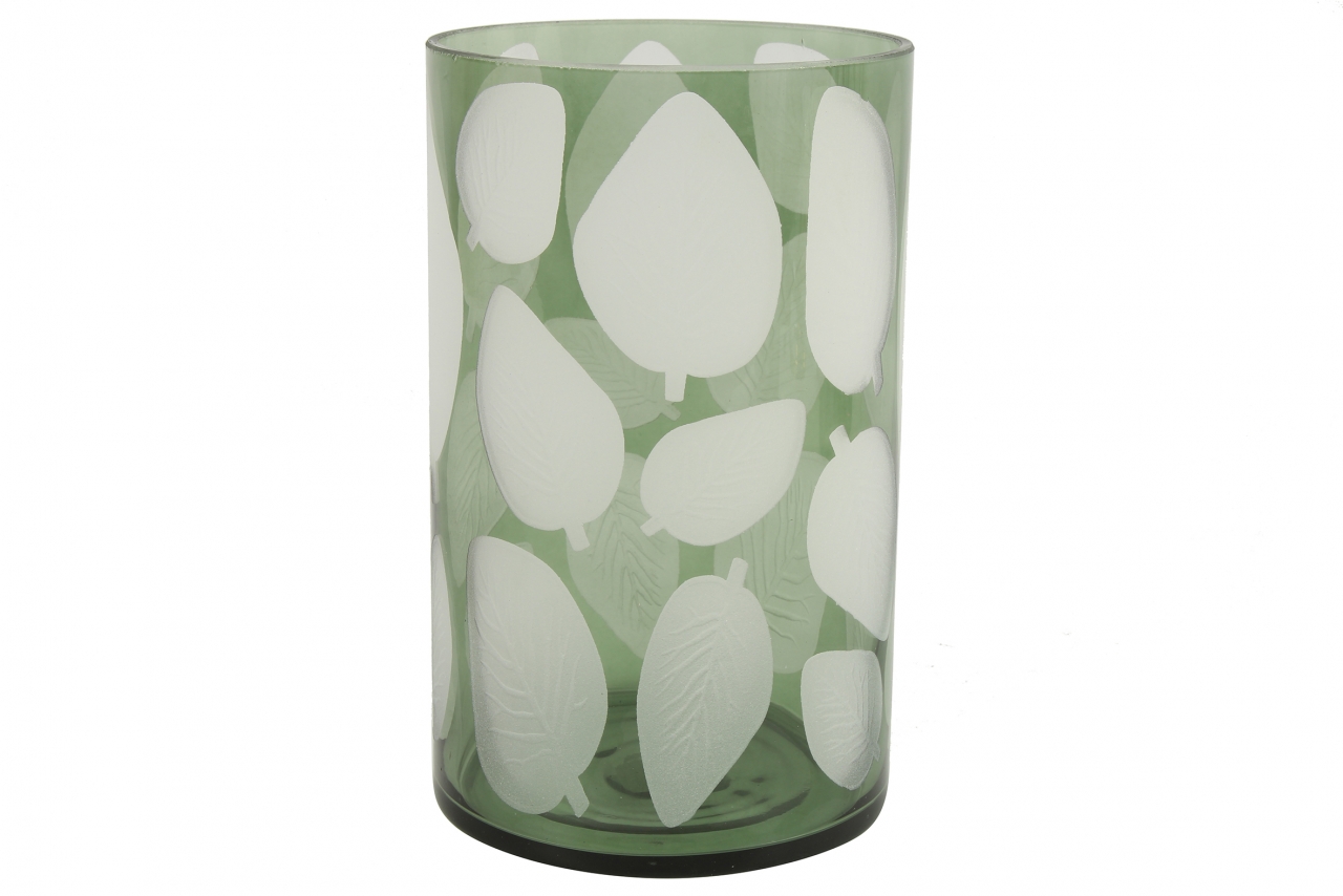 Skleněný svícen Zora, zelený s listem 25x15 cm