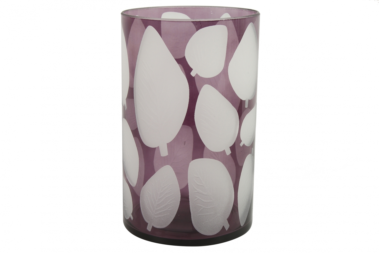 Skleněný svícen Zora, lila s listem 25x15 cm