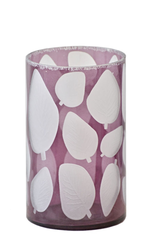 Skleněný svícen lila s listy 20x12 cm
