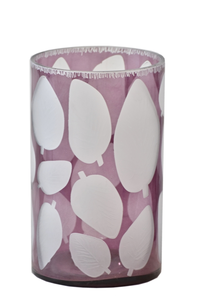 Skleněný svícen lila s listy 25x15 cm