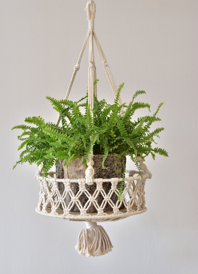 Macramé závěsný květináč krémový 68 cm
