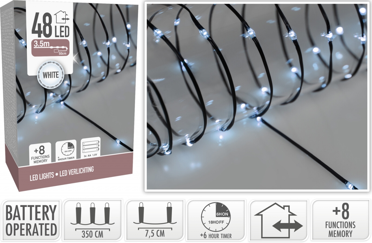 Dekorativní osvětlení 48 LED, 3,6m studená bílá, na baterie