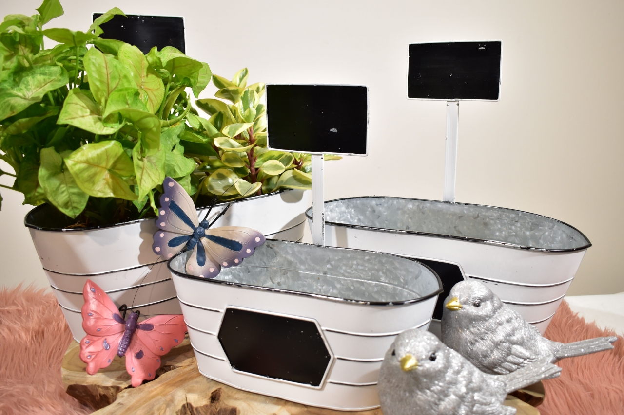 Oválný plechový květináč s popisovací cedulkou, sada 3 ks