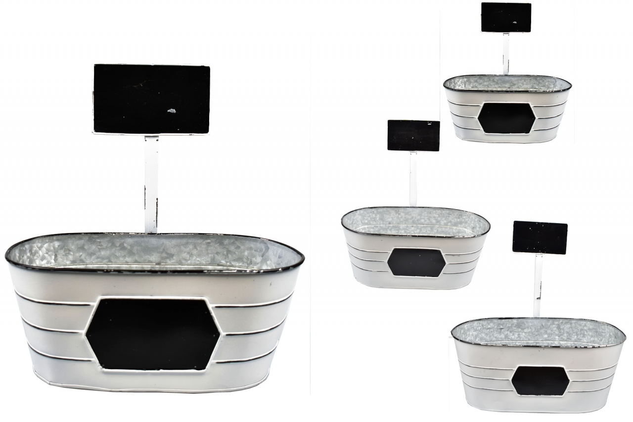 Oválný plechový květináč s popisovací cedulkou, sada 3 ks