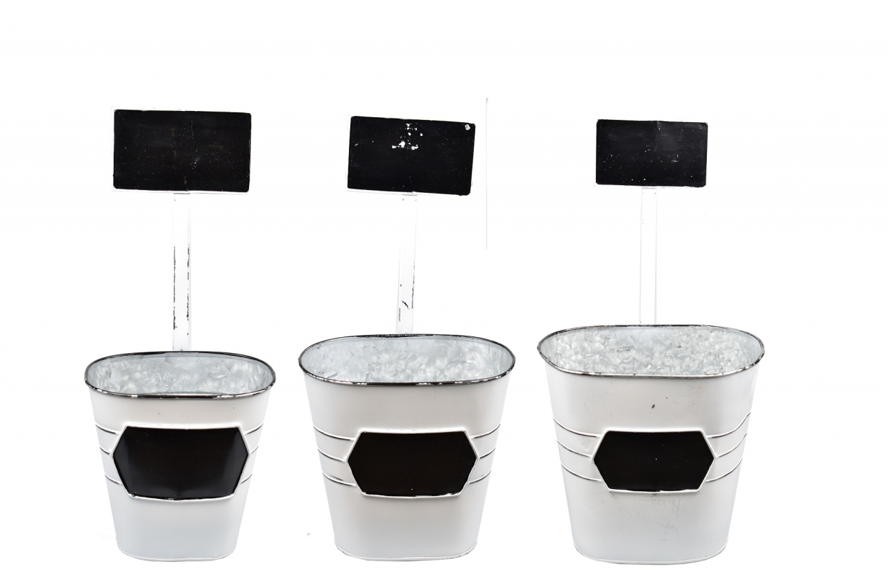 Oválný plechový květináč s popisovací cedulkou, sada 3 ks