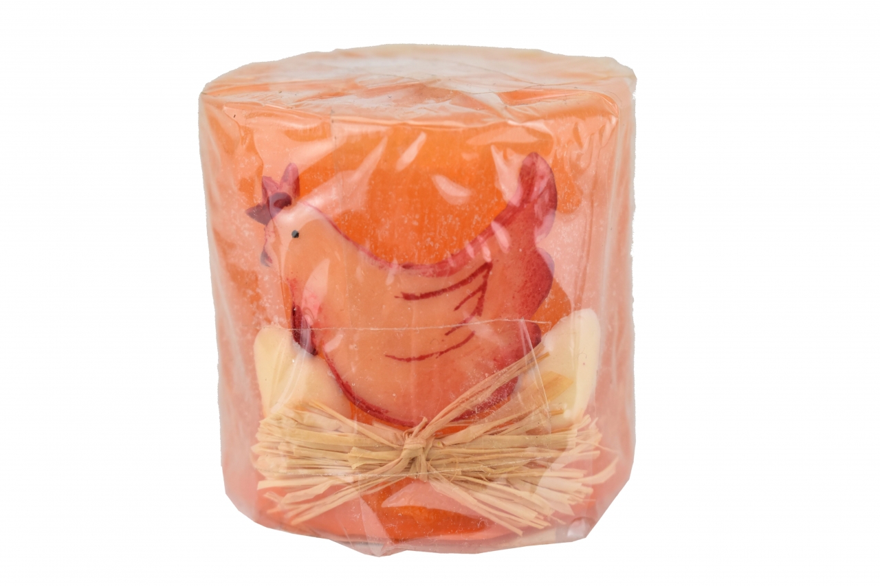 Svíčka válec tmavě oranžová se slepičkou 6x6 cm