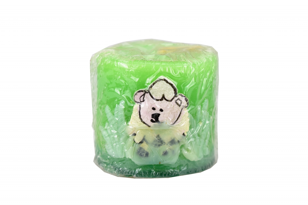 Svíčka válec zelená s ovečkou 6x6 cm